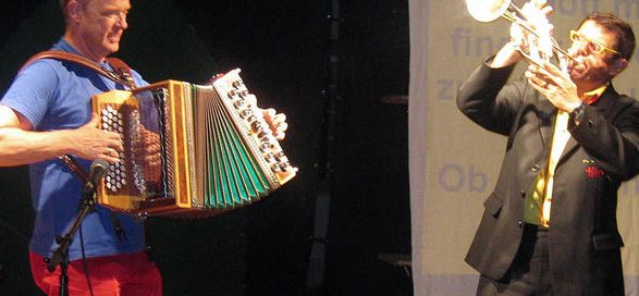Ein begeisterndes Feuerwerk mit Musik und Witzen in alemannischem und schwäbischem Dialekt zündeten Helmut Dold und Wulf Wager im Weinstetter Hof. Foto: Ingeborg Grziwa